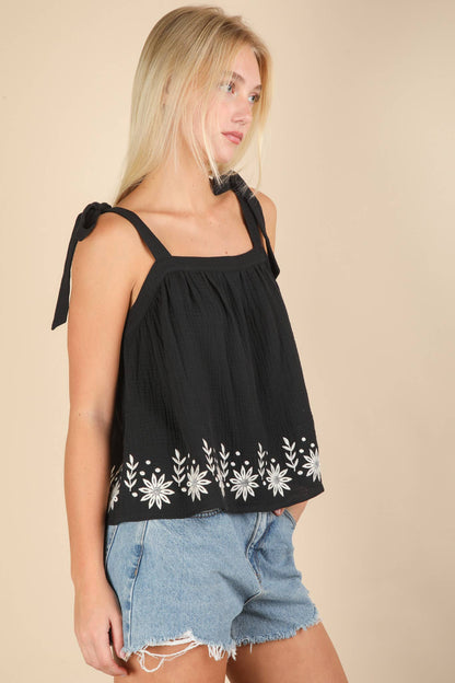 Floral Embroidered Ribbon Tie Top