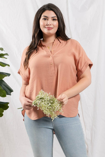 PL BUTTON DOWN CUFFED SHORT SLEEVE TOP