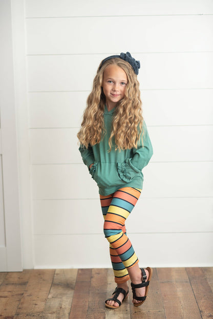 Sage Ruffle Hoodie Rainbow Stripe Leggings Set