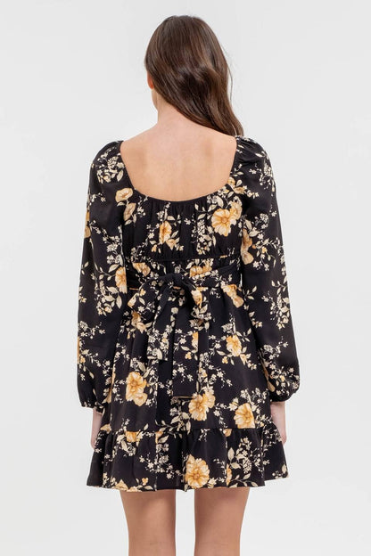 FLORAL LONG SLEEVE BACK TIE MINI DRESS