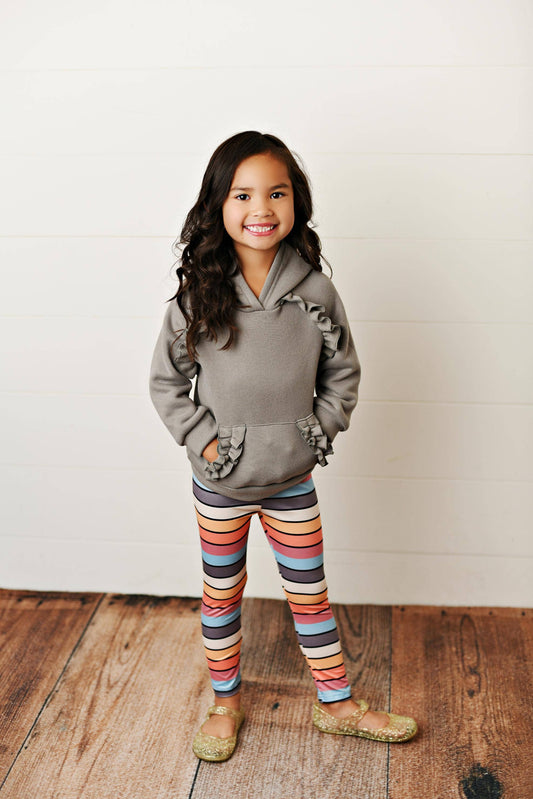 Gray Ruffle Hoodie Rainbow Stripe Leggings Set