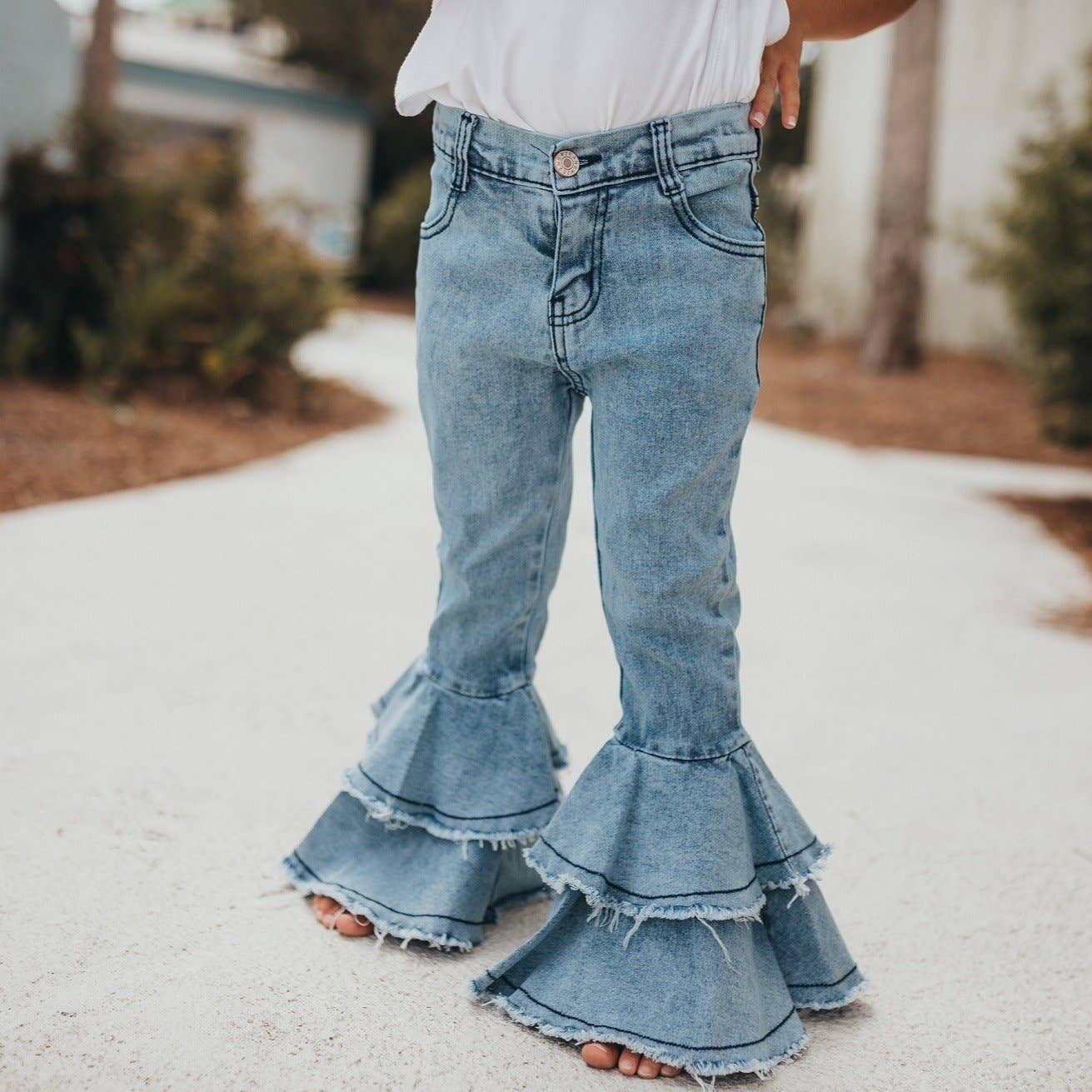 Kids Light Wash Denim Double Ruffle Jeans Pants