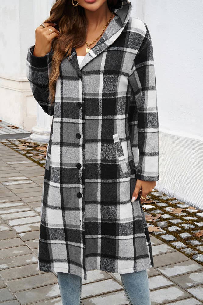 Hooded Plaid Long Coat DY174