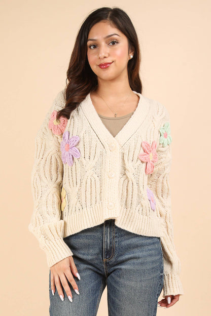 Flower Applique Knit Sweater Cardigan