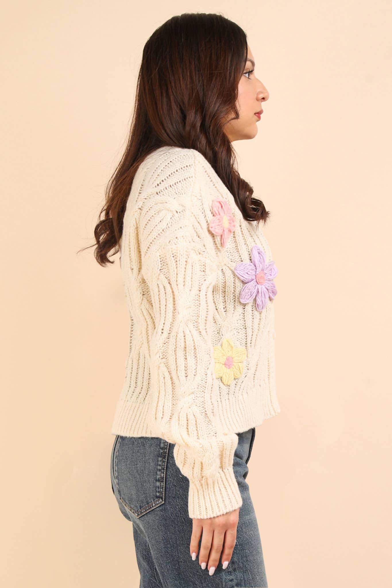 Flower Applique Knit Sweater Cardigan