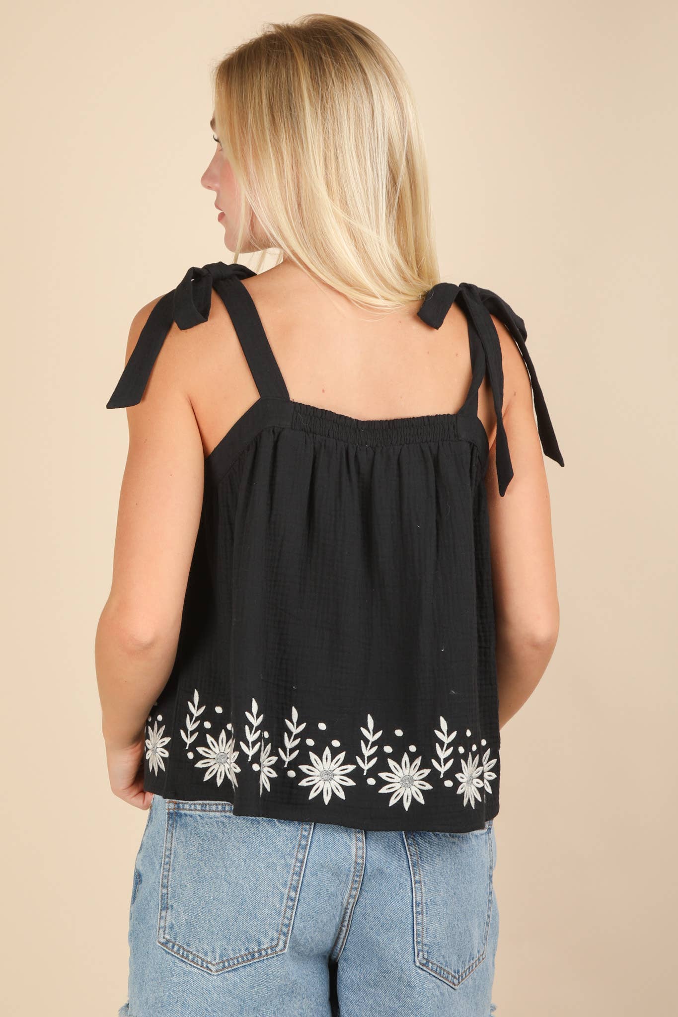 Floral Embroidered Ribbon Tie Top