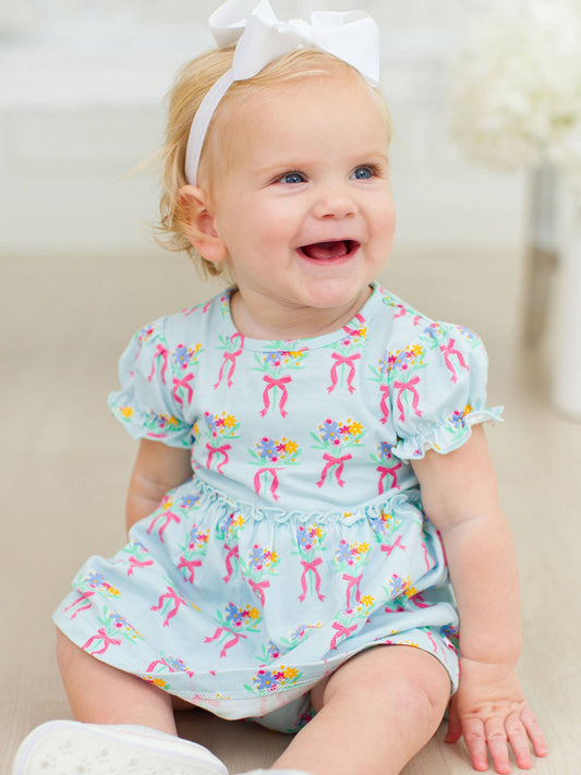 Bows and Bouquets Knit Puff Sleeve Skirted Romper