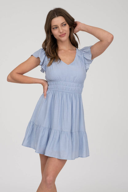 V NECK SHORT SLEEVE RUFFLE DETAIL SHIRRED MINI DRE
