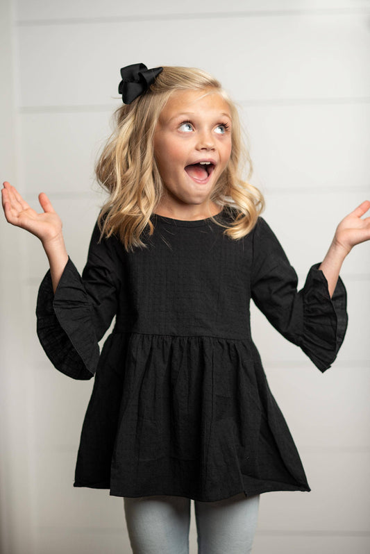 Kids Black Ruffle Long Sleeve Fall Winter Shirt With Buttons