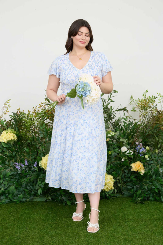 PL FLORAL V NECK SMOCKED SHORT SLEEVE MIDI DRESS