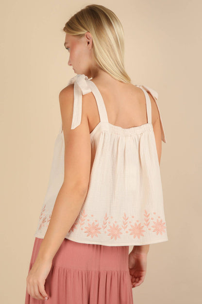 Floral Embroidered Ribbon Tie Top