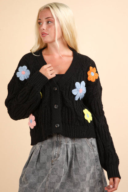 Flower Applique Knit Sweater Cardigan