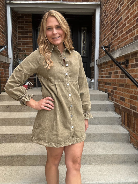 Olive Denim Button Down Dress