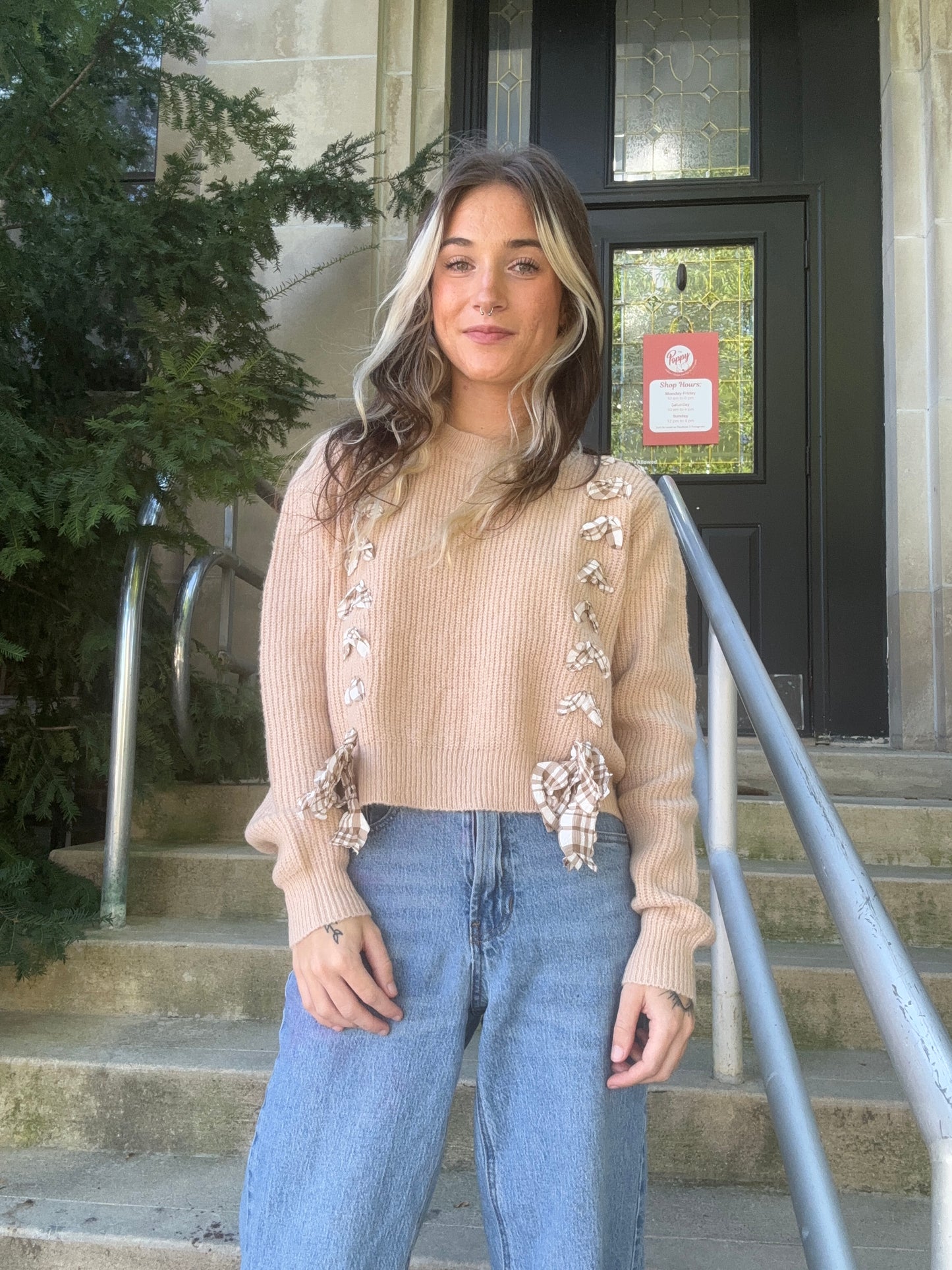 Gingham Plaid lace-up Sweater