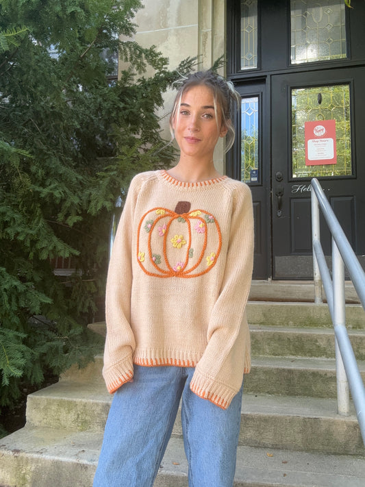 Pumpkin Floral Embroidered Sweater