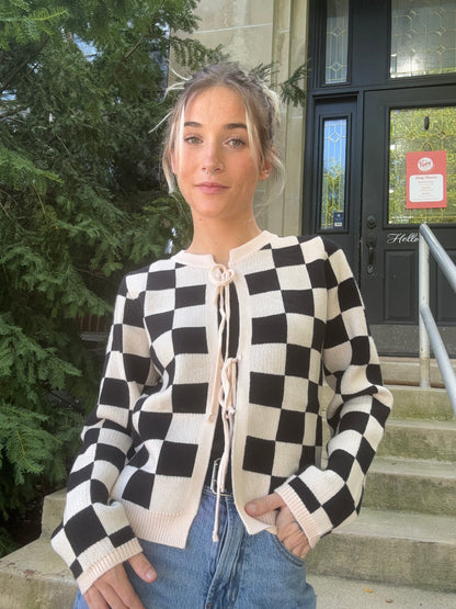 Tie-Front Checkered Knit Cardigan