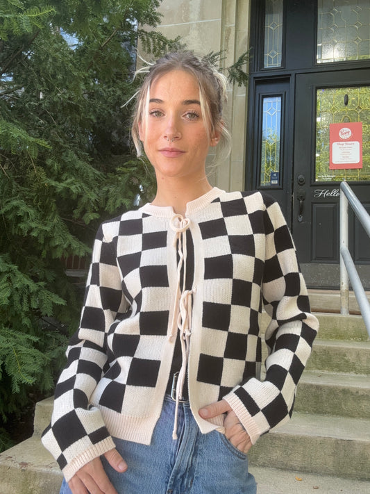 Tie-Front Checkered Knit Cardigan