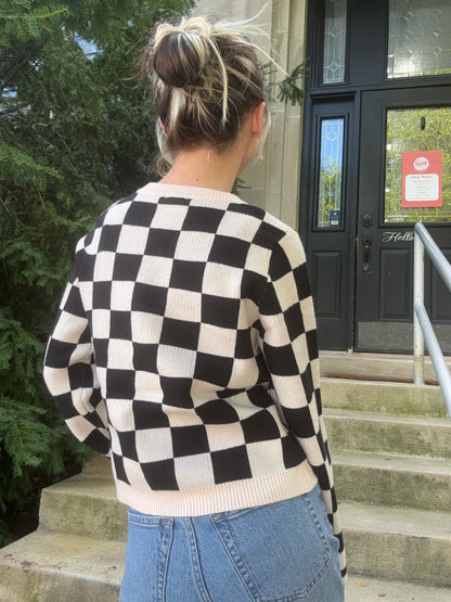 Tie-Front Checkered Knit Cardigan