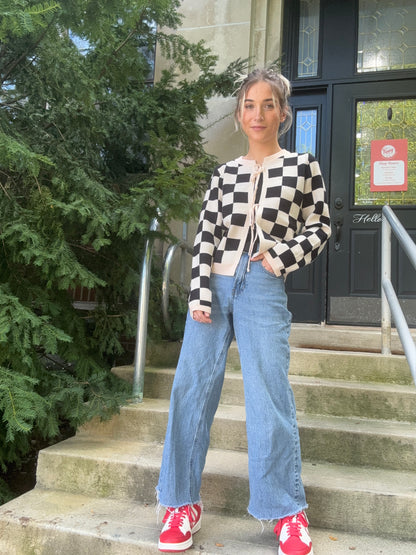 Tie-Front Checkered Knit Cardigan