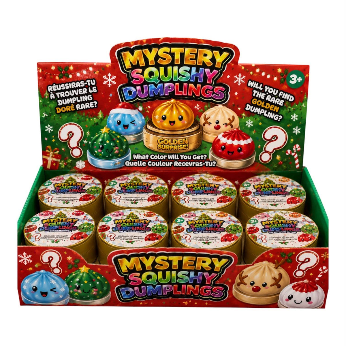 Display box of Mystery Squishy Dumplings toy with colorful packaging and dumpling illustrations.