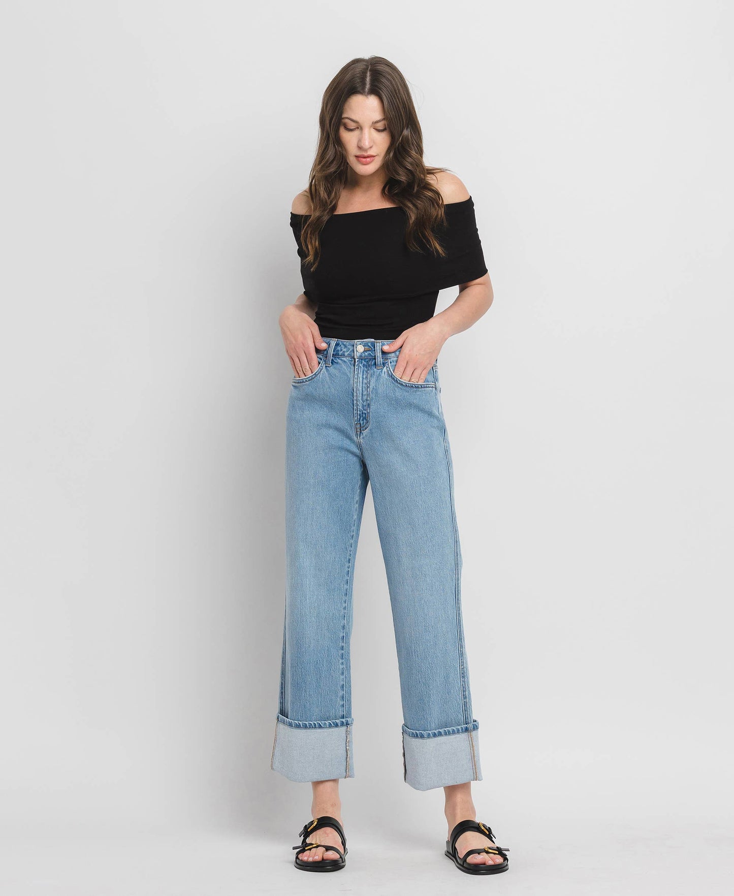 Gabby SUPER HIGH RISE CUFF BAGGY STRAIGHT JEANS T6513