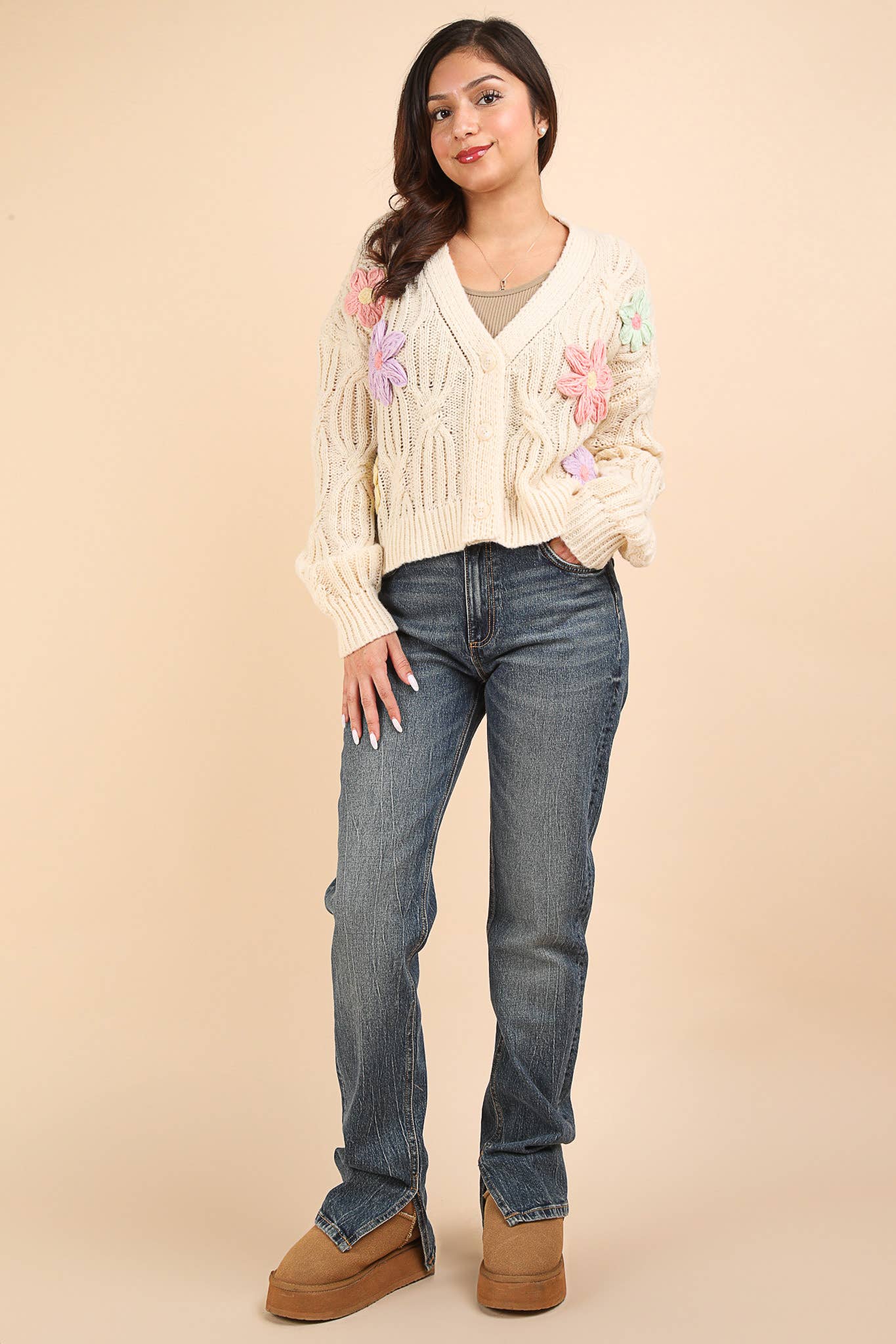 Flower Applique Knit Sweater Cardigan