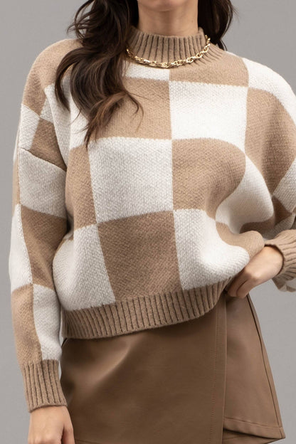 CHECKERED MOCK NECK KNIT PULLOVER SWEATER