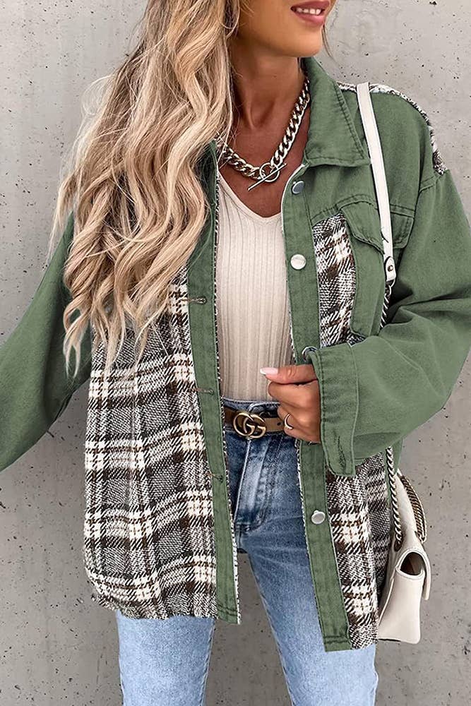 Green & Plaid Splicing Denim Jacket ZZKF1085