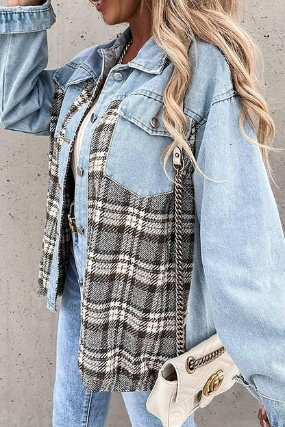 Green & Plaid Splicing Denim Jacket ZZKF1085