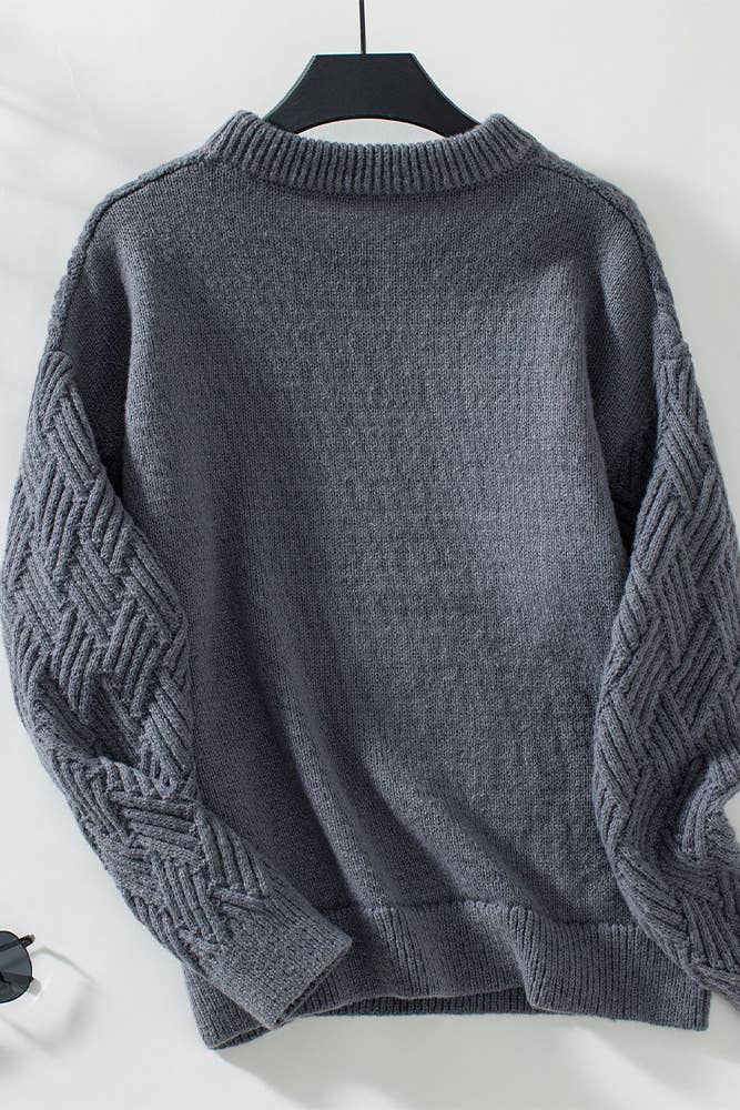 Dk Gray Vintage Style Cable Knit Round Neck Sweater MMY179