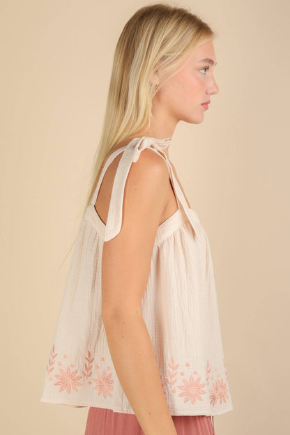 Floral Embroidered Ribbon Tie Top