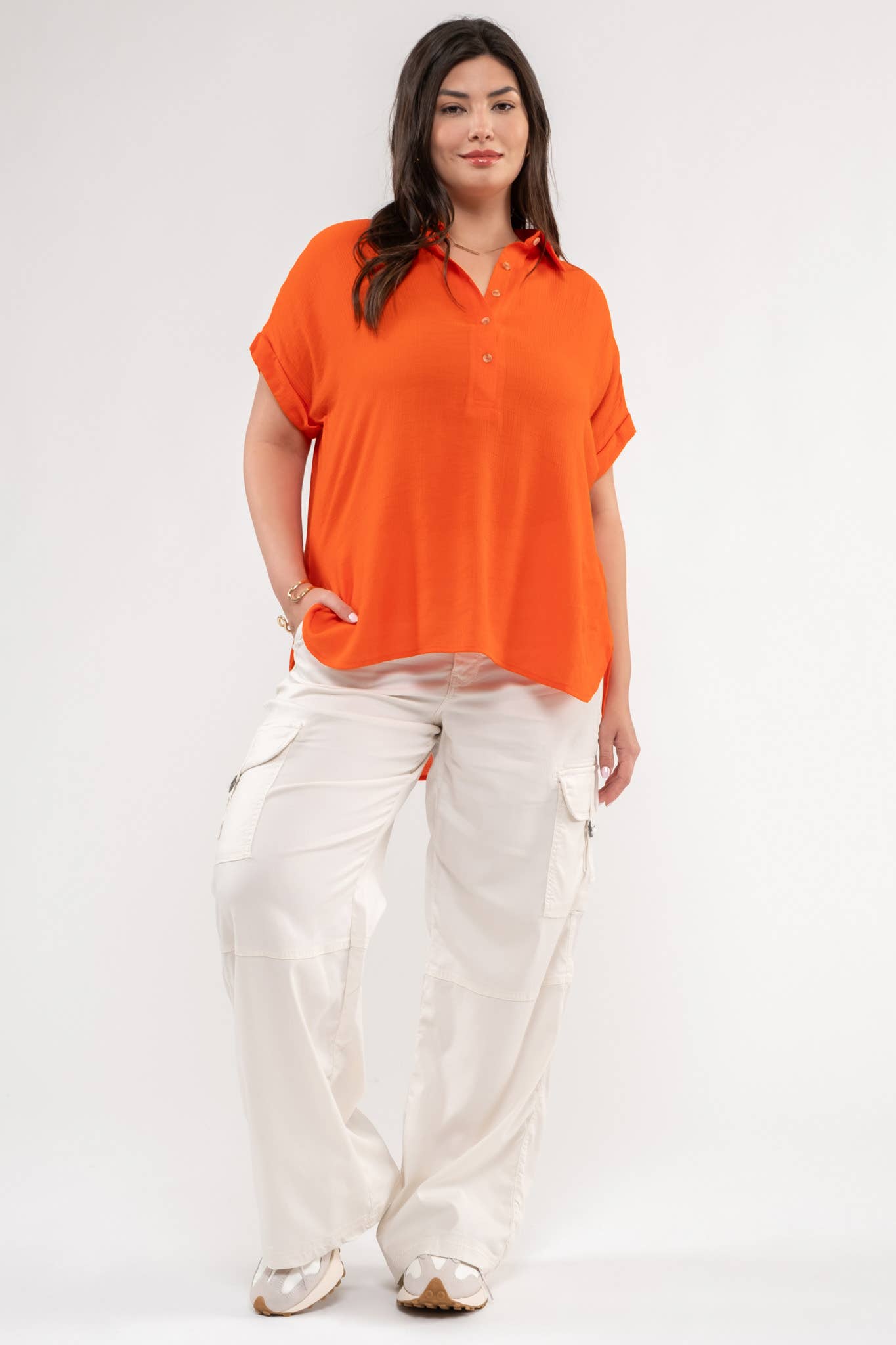 PL BUTTON DOWN CUFFED SHORT SLEEVE TOP