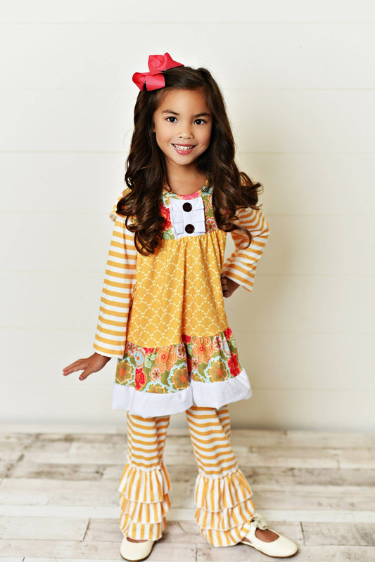 Mustard Stripe Floral Tunic & Ruffle Leggings Fall Set