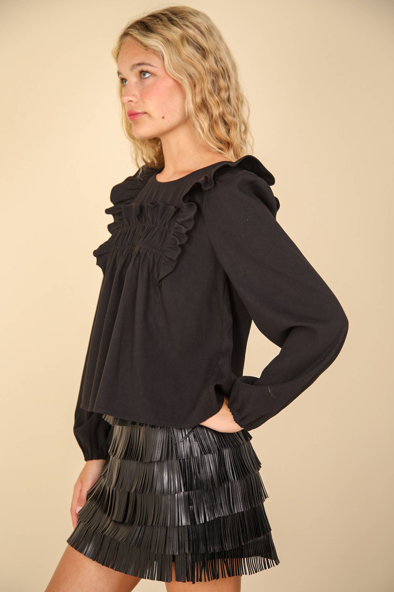 Ruffle Shoulder Woven Blouse