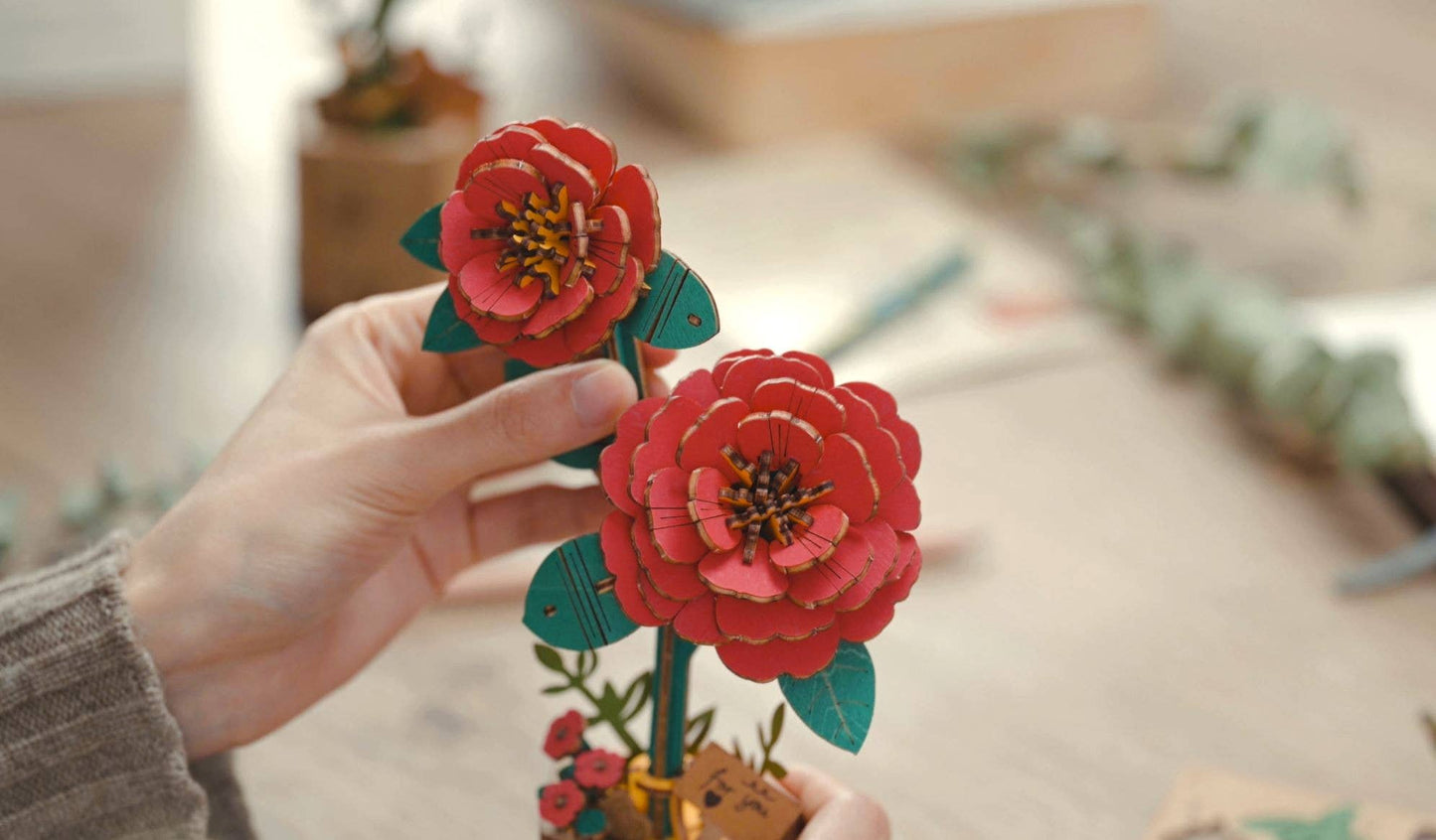 Red Camellia 3D Wooden Flower Puzzle