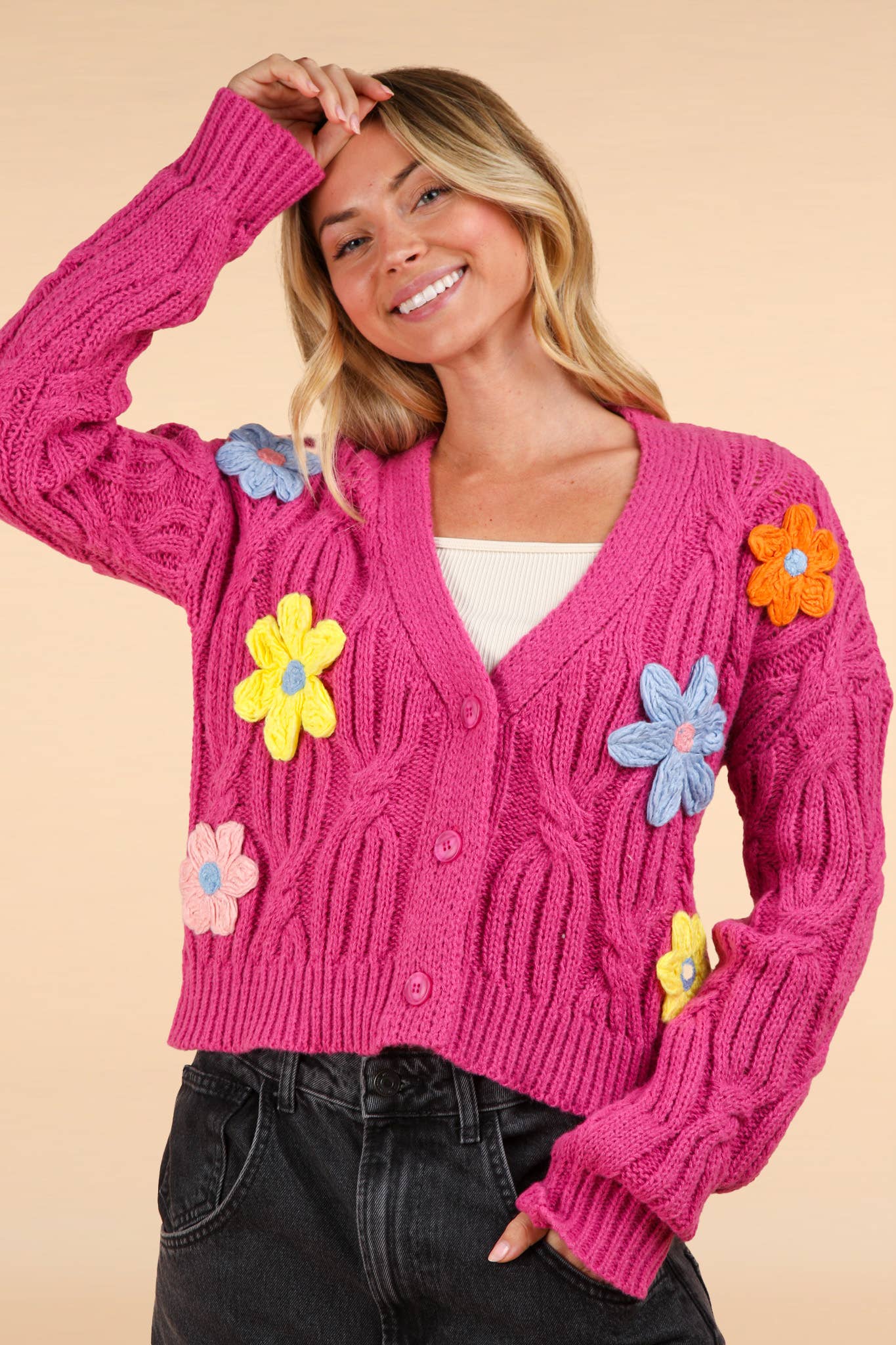 Flower Applique Knit Sweater Cardigan