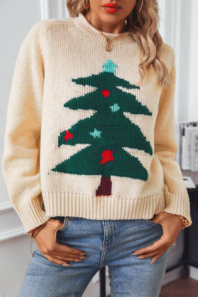 Christmas Tree Crew Neck Pullover Knit Sweater MMY206