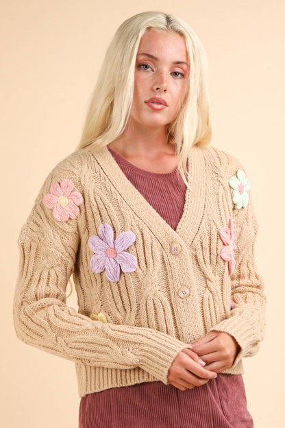 Flower Applique Knit Sweater Cardigan