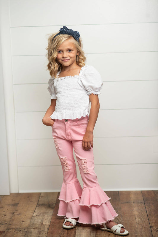 Kids Light Pink Distressed Denim Double Ruffle Pant Jeans