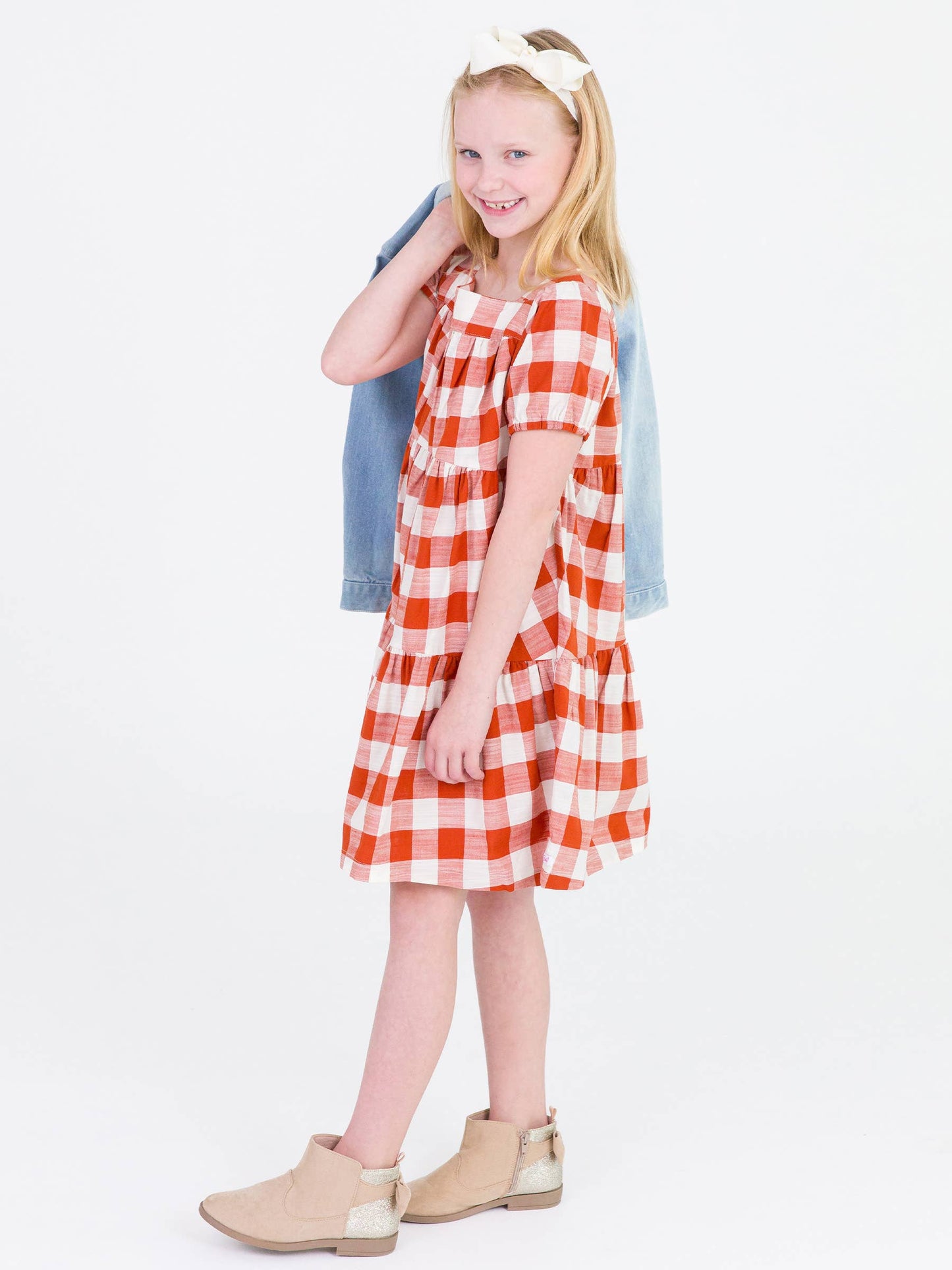 Rust Plaid Puff Short Sleeve Tiered Dress