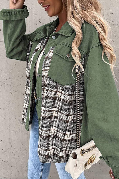 Green & Plaid Splicing Denim Jacket ZZKF1085