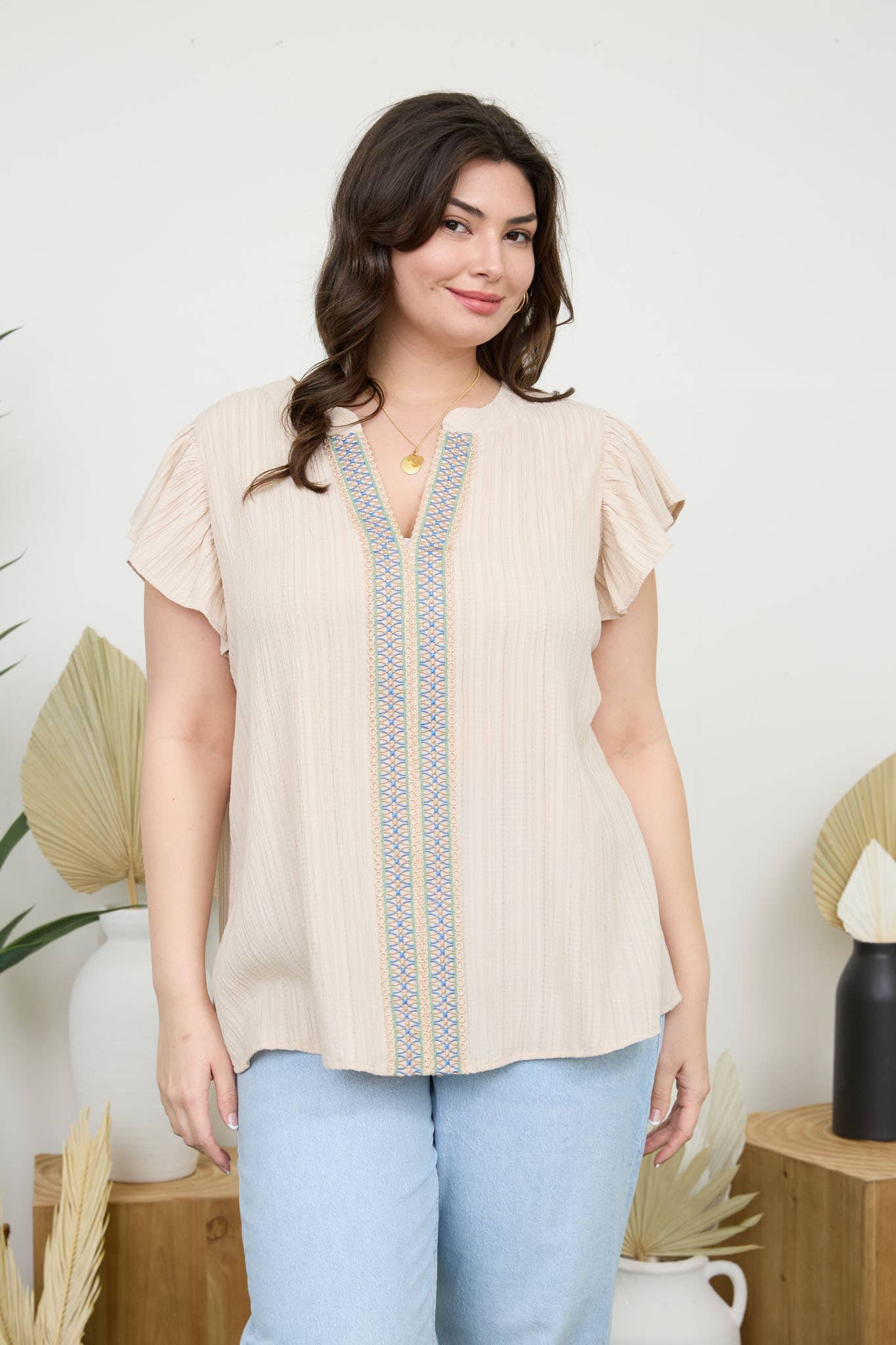 PL LACE TRIM CRINKLE BLOUSE