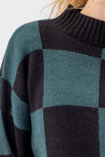 CHECKERED MOCK NECK KNIT PULLOVER SWEATER