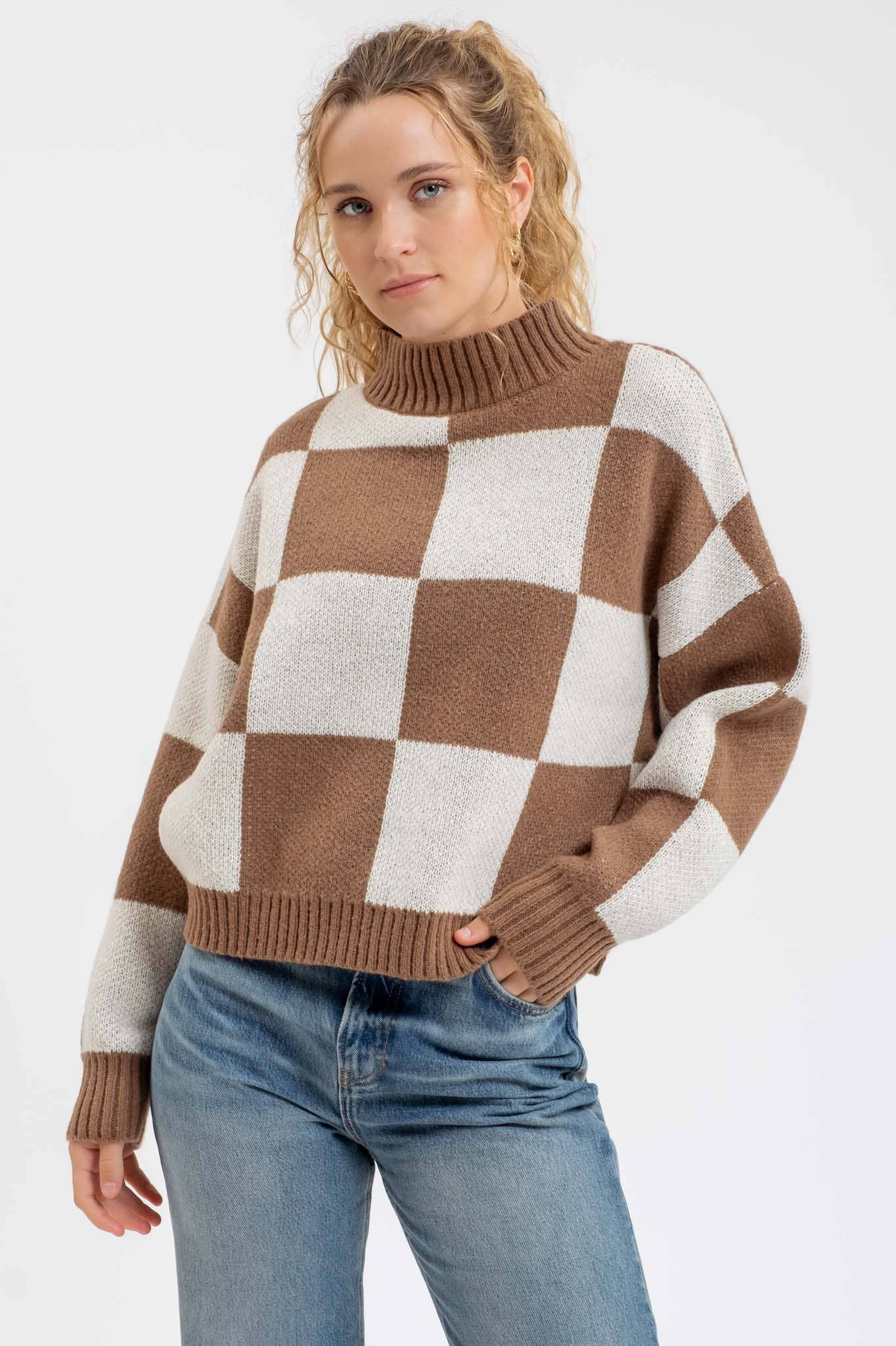 CHECKERED MOCK NECK KNIT PULLOVER SWEATER