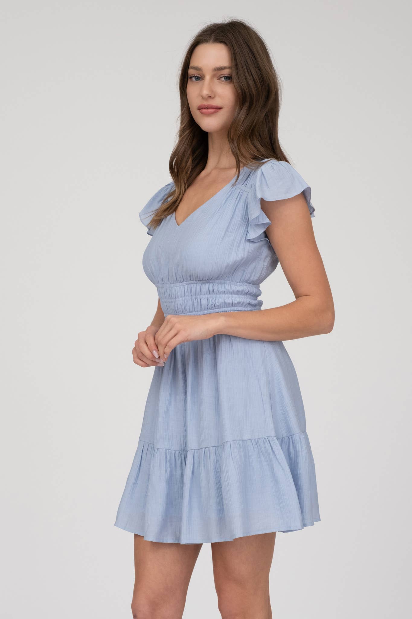 V NECK SHORT SLEEVE RUFFLE DETAIL SHIRRED MINI DRE