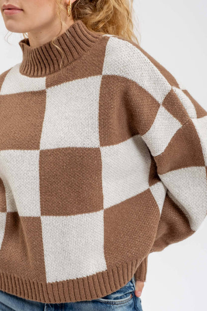 CHECKERED MOCK NECK KNIT PULLOVER SWEATER