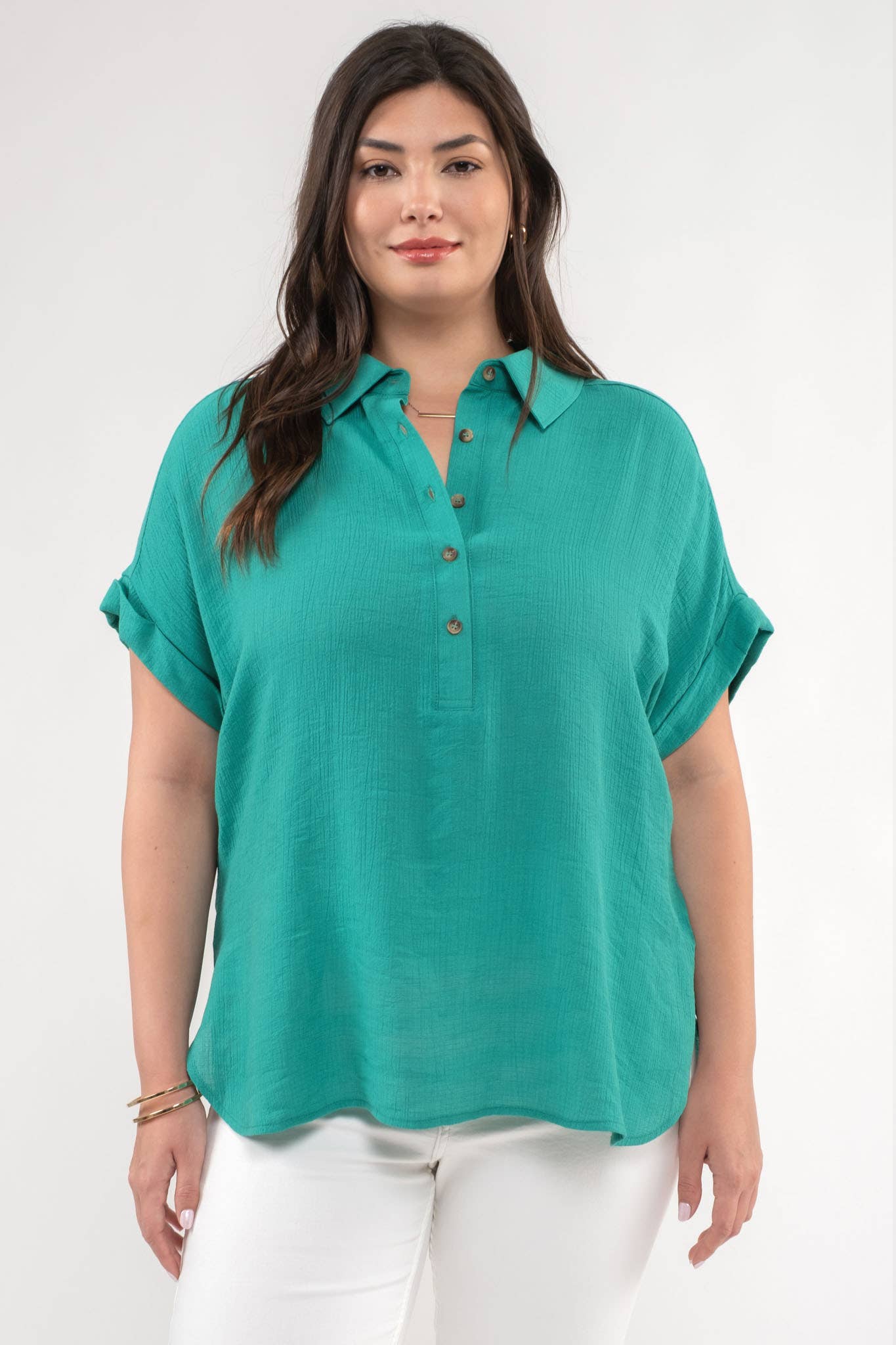 PL BUTTON DOWN CUFFED SHORT SLEEVE TOP