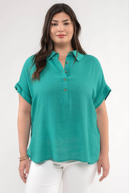 PL BUTTON DOWN CUFFED SHORT SLEEVE TOP
