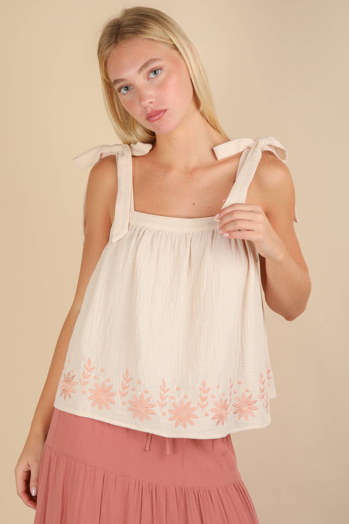 Floral Embroidered Ribbon Tie Top