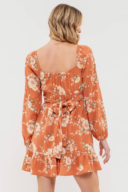 FLORAL LONG SLEEVE BACK TIE MINI DRESS